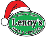 Logo of Lenny's Shoe & Apparel with a Santa hat on a white background
