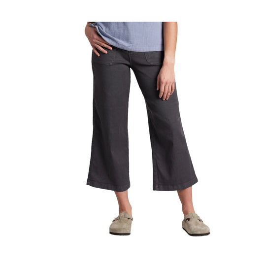 Person wearing dark gray capri pants on a white background