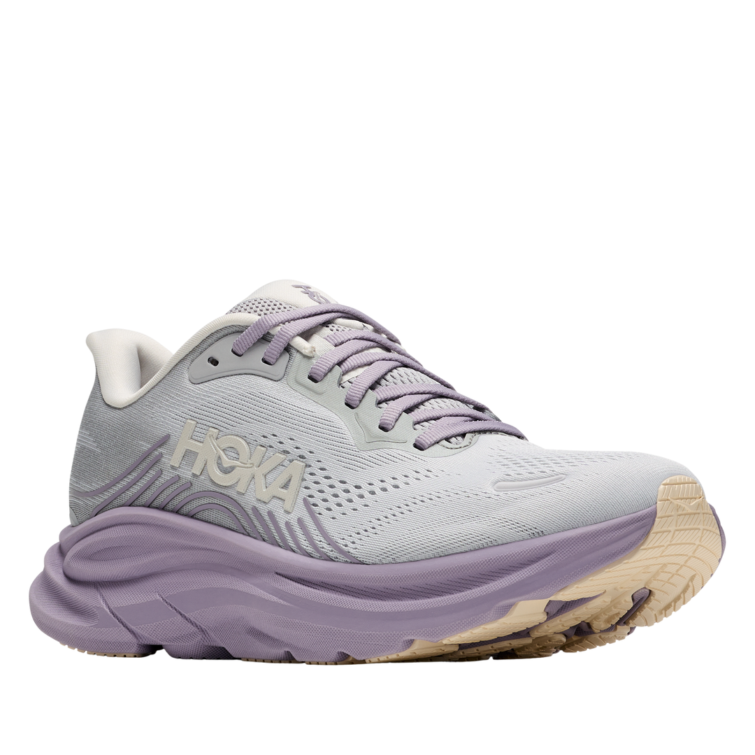 Light gray and purple running shoe with 'Hoka' branding on a white background