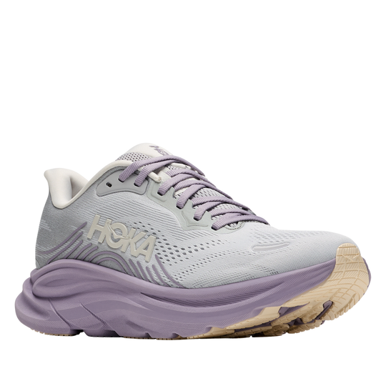 Light gray and purple running shoe with 'Hoka' branding on a white background