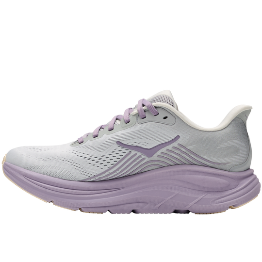 Gray and purple running shoe on a white background
