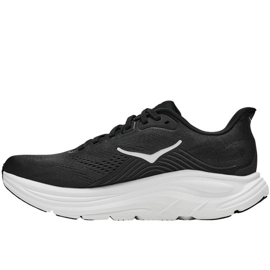 Gray running shoe with black accents on a white background