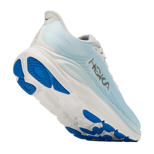 Blue and white running shoe with 'Hoka' branding on a white background
