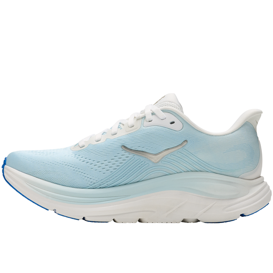 Light blue running shoe with white sole on a white background
