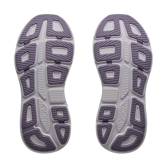 Top view of a pair of running shoes with purple and gray sole pattern on a white background