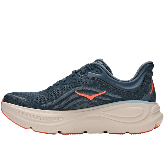 Blue running shoe with orange accents on a white background