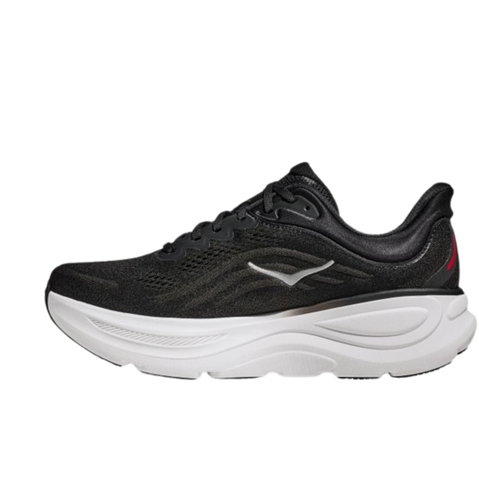Black sneaker with a white logo on a white background