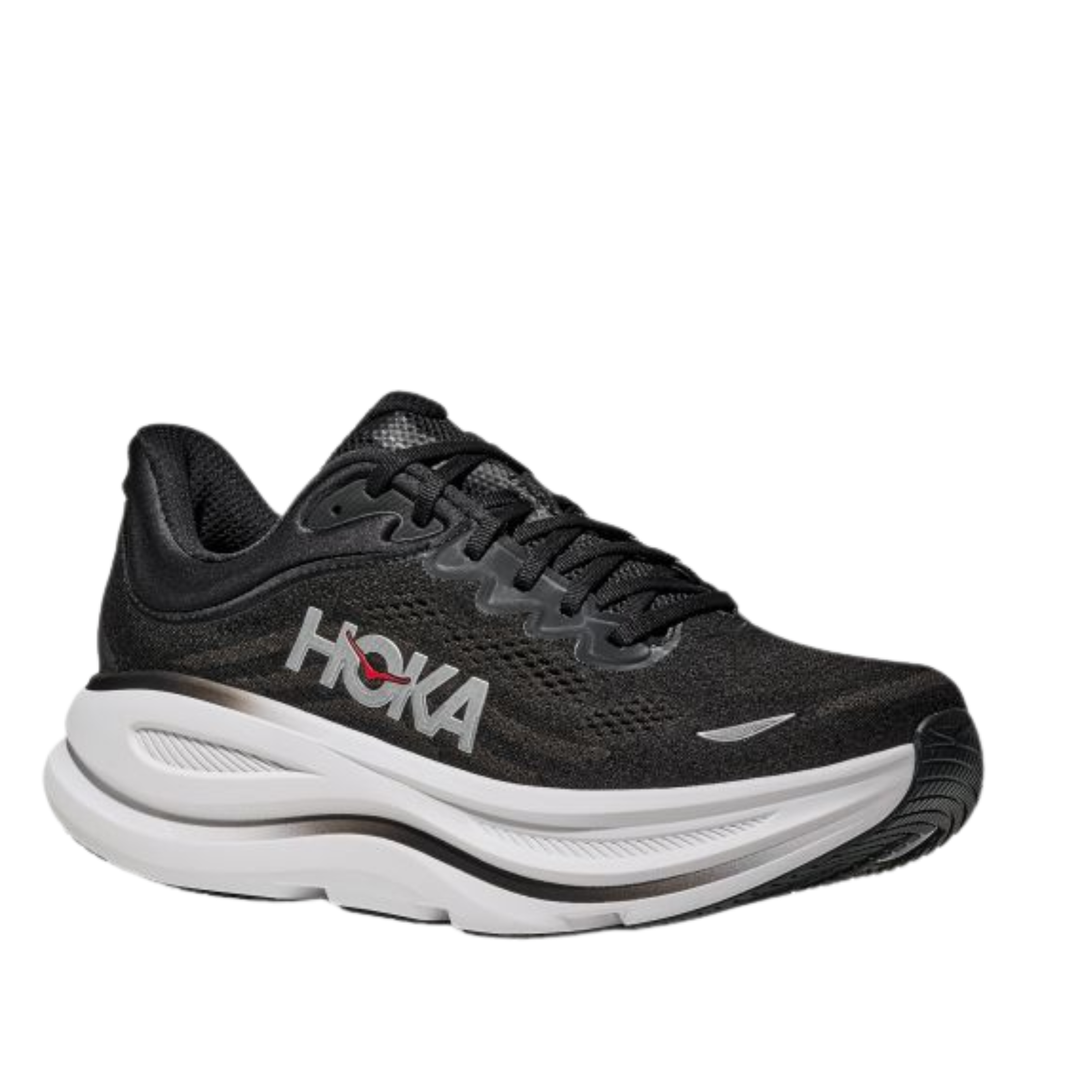 Black running shoe with white sole on a white background