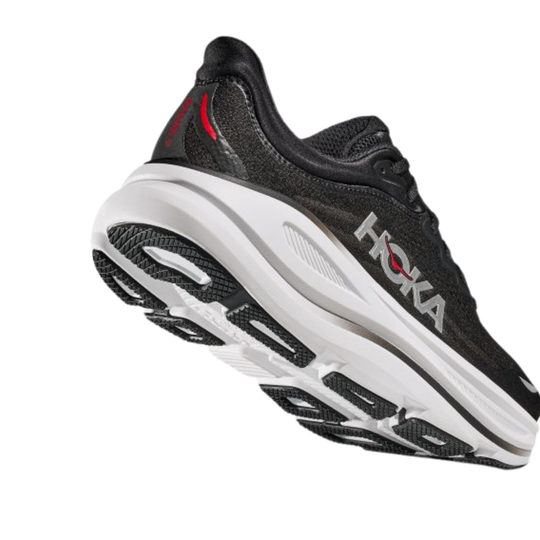 Black running shoe with white sole on a white background
