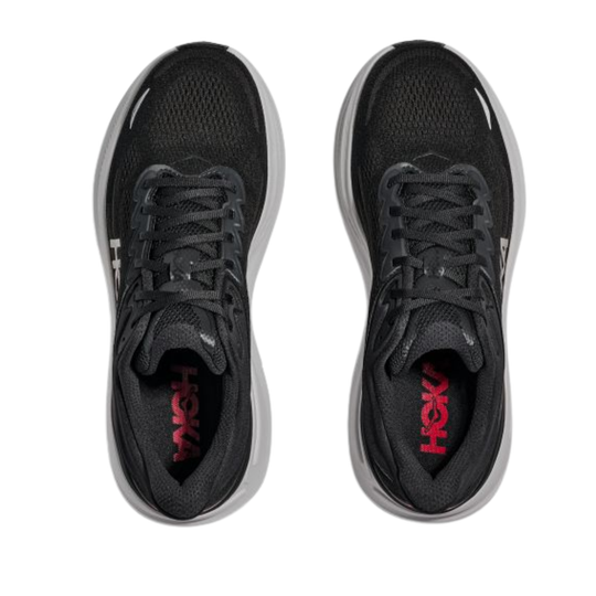 Black running shoes with red 'Hoka' logo on a white background