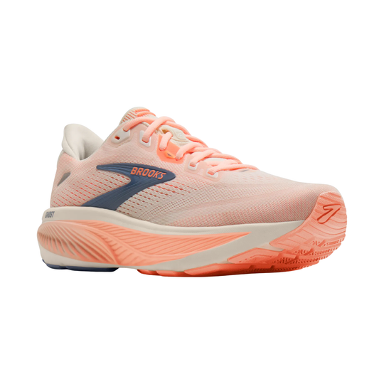 Peach-colored running shoe with Brooks logo on a white background