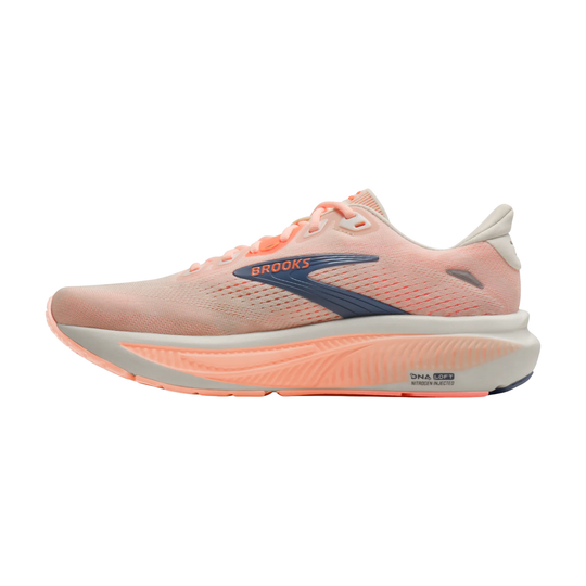 Pink running shoe with Brooks logo on a white background