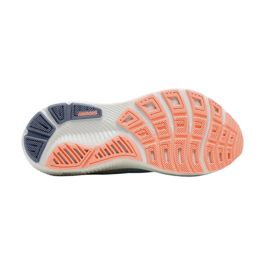 Close-up of a running shoe sole with 'Brooks' branding on a white background