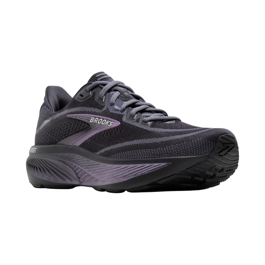 Black running shoe with purple accents on a white background
