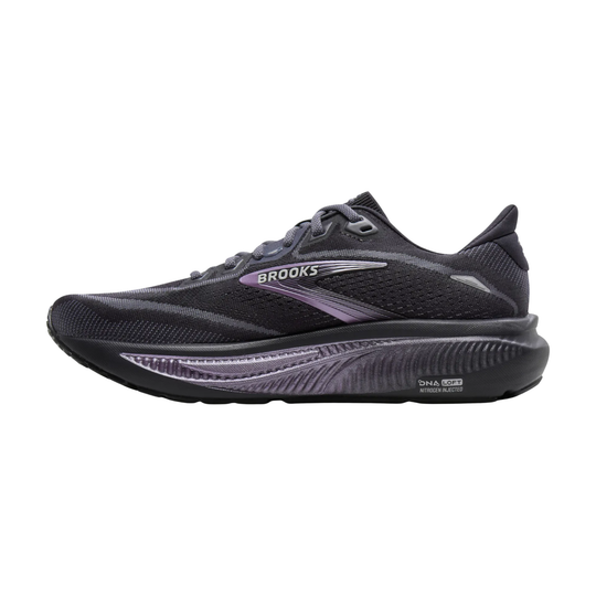 Black sneaker with purple accents on a white background