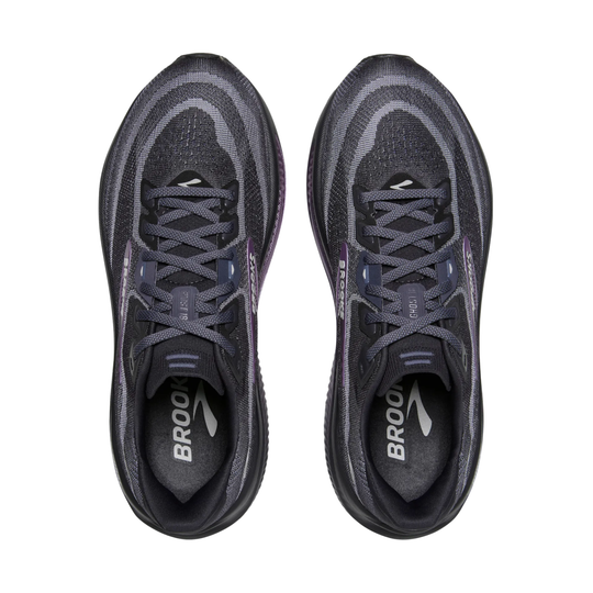 Pair of black running shoes with gray accents on a white background