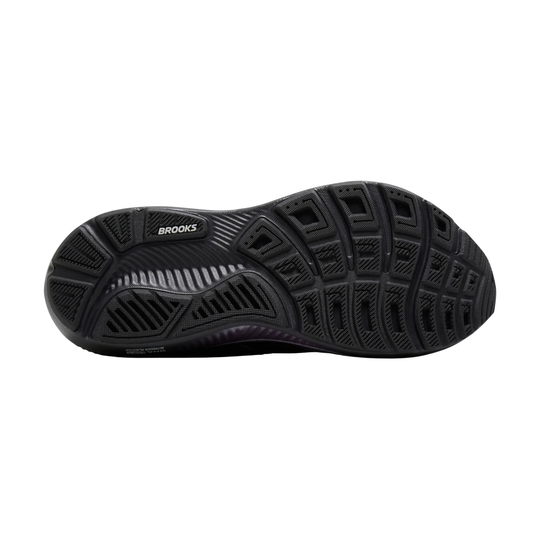 Black running shoe sole with 'Brooks' branding on a white background