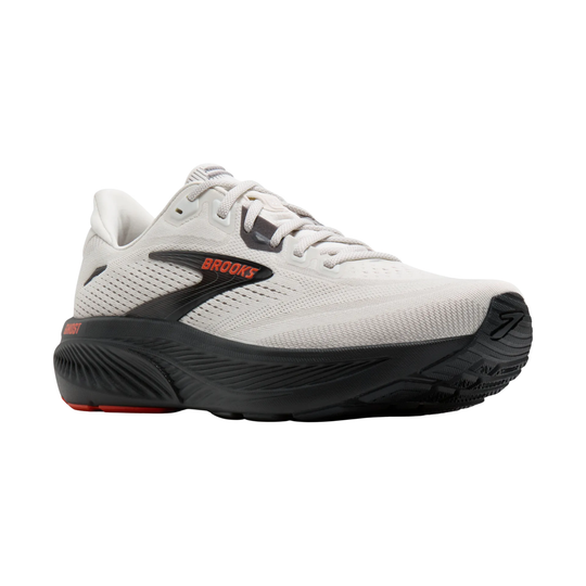 White running shoe with black sole on a white background