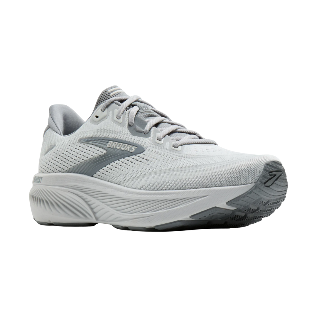 Gray running shoe with 'Brooks' branding on a white background