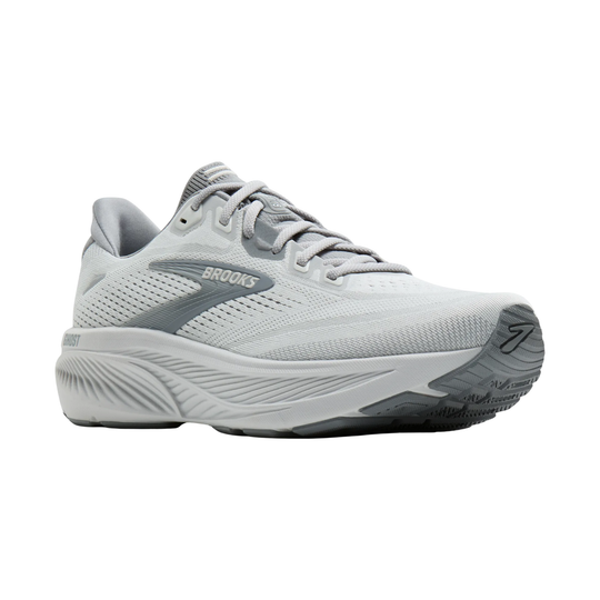 Gray running shoe with 'Brooks' branding on a white background