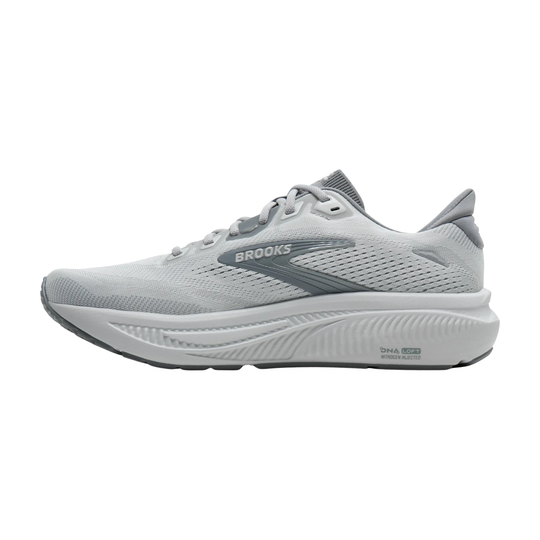 Gray running shoe with 'Brooks' branding on a white background