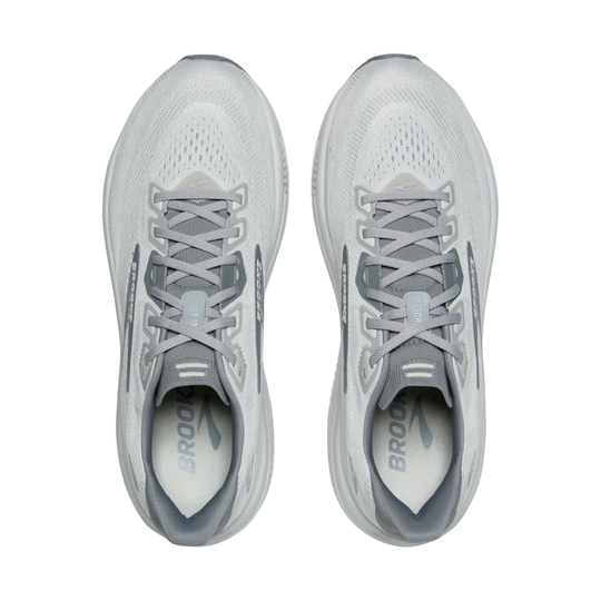 Pair of gray running shoes with 'Brooks' branding on a white background