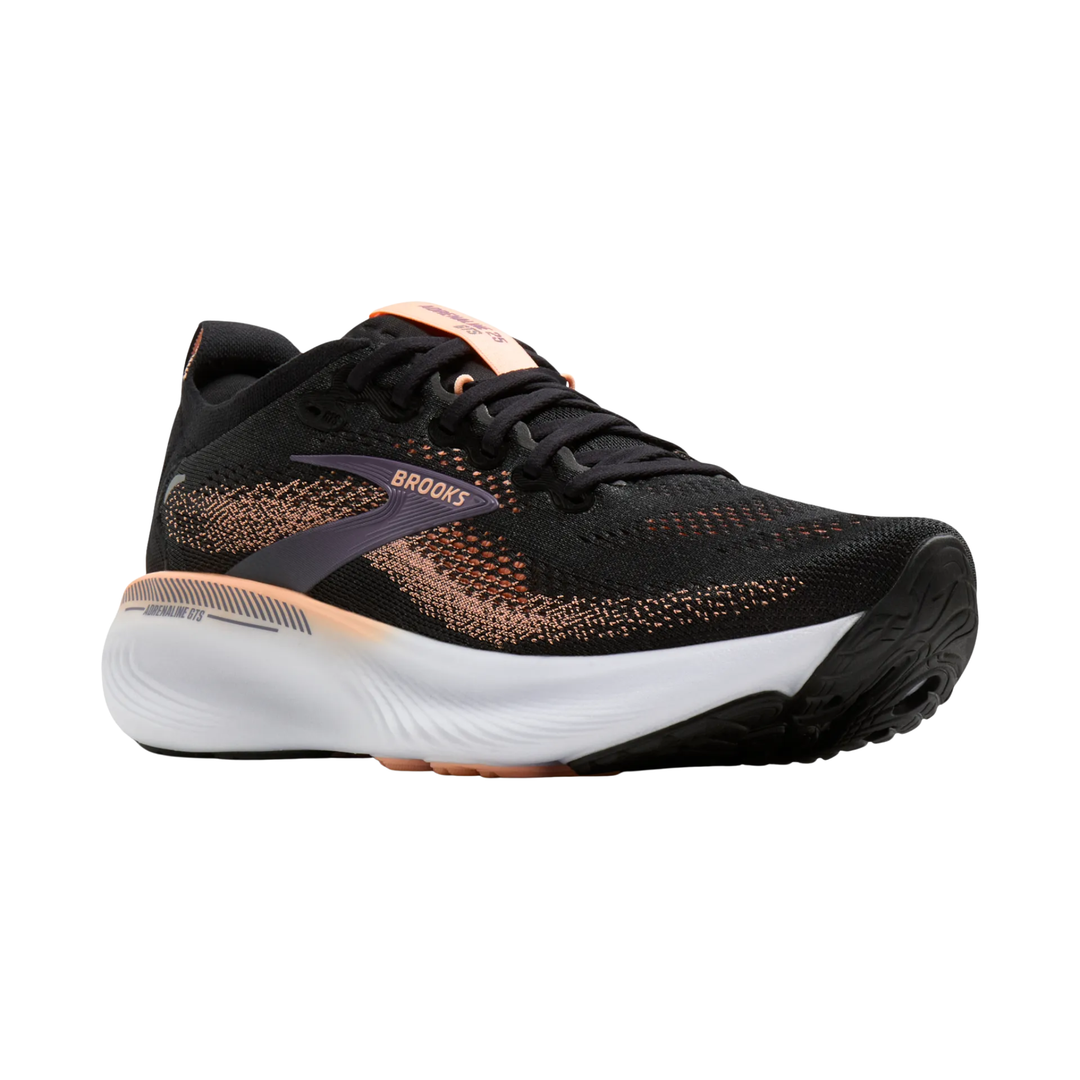 Black running shoe with white sole on a white background