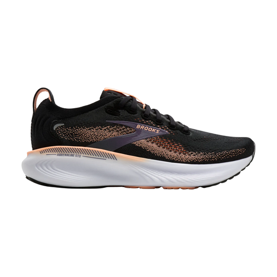 Black running shoe with white Brooks logo on a white background