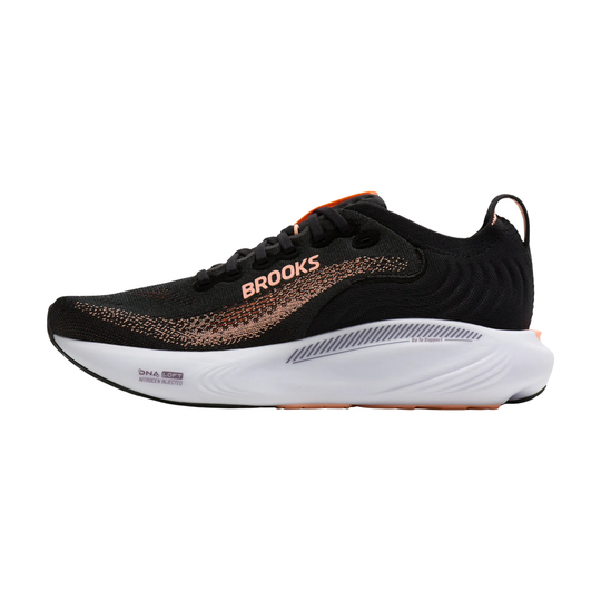 Black running shoe with 'Brooks' branding on a white background