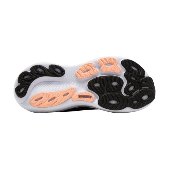 Close-up of a shoe sole with black and orange pattern on a white background