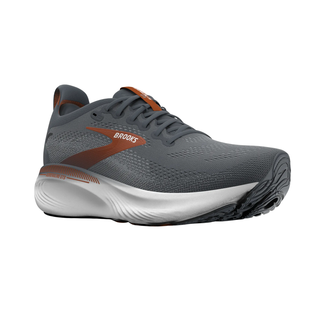 Gray running shoe with brown accents on a white background