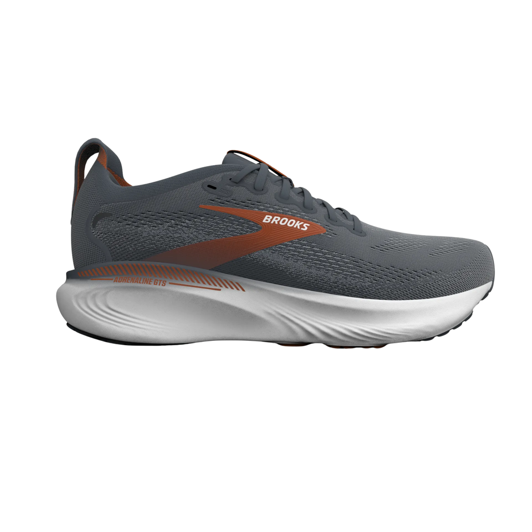 Gray running shoe with brown accents on a white background