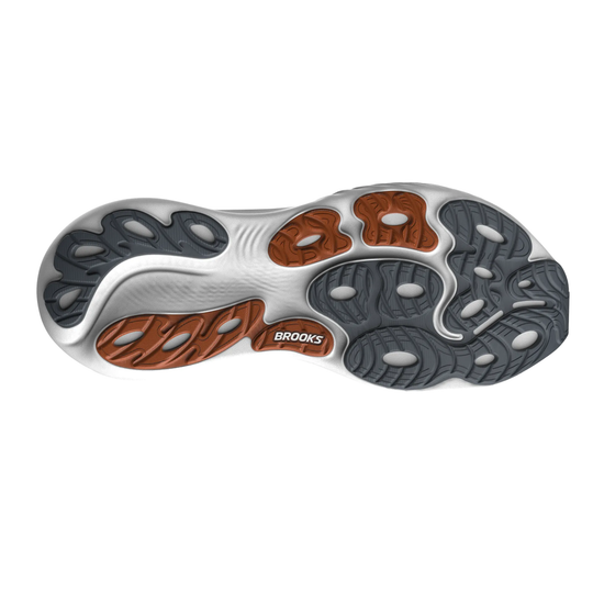 Sole of a running shoe with 'Brooks' branding on a white background