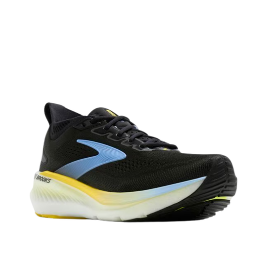 Black running shoe with yellow and blue accents on a white background