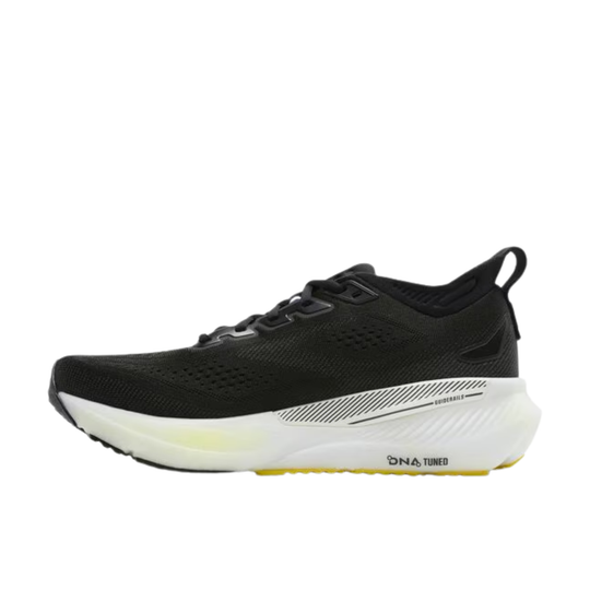 Black running shoe with white sole on a white background