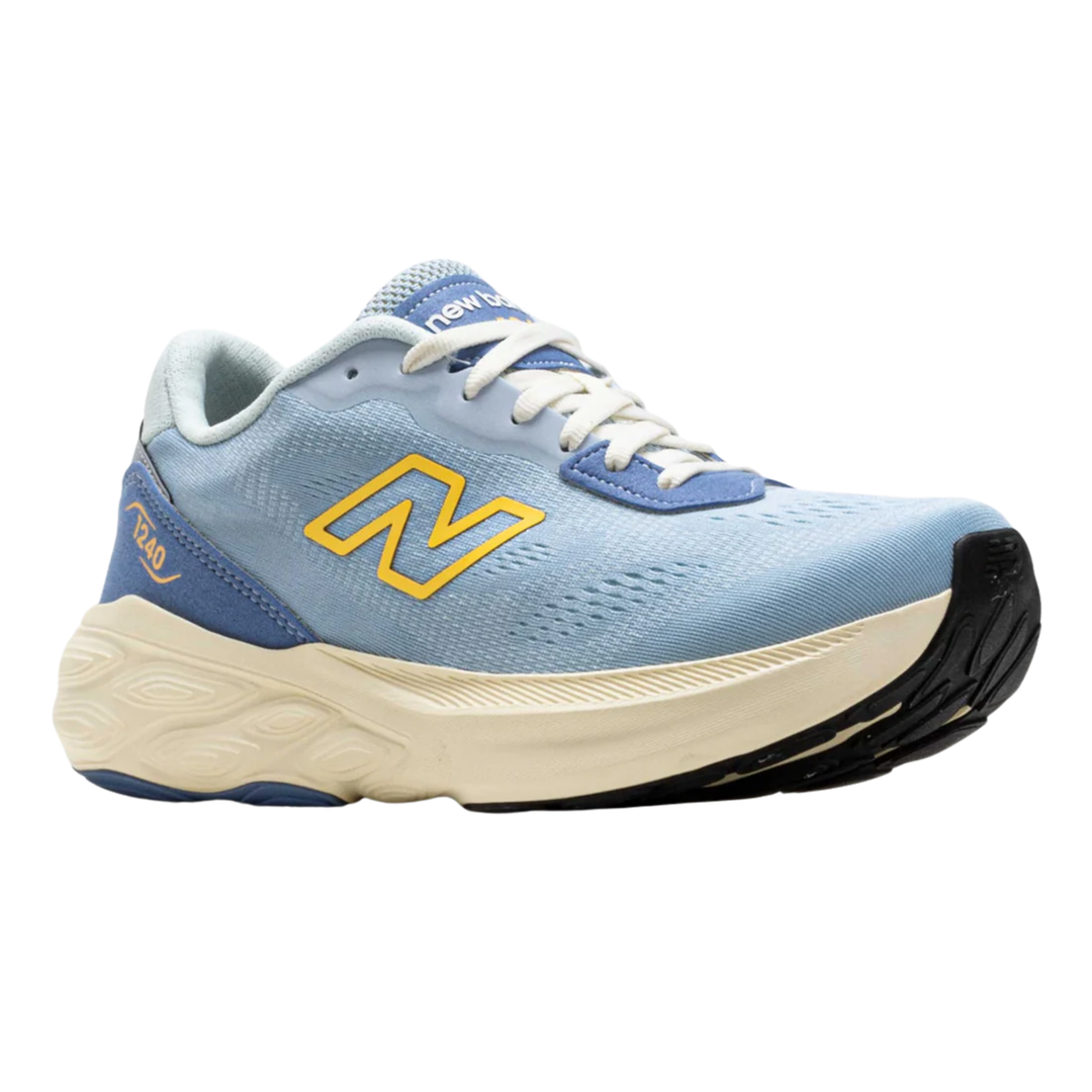 Blue running shoe with yellow logo on a white background