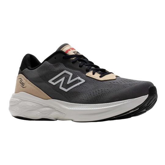 Black running shoe with New Balance logo on a white background