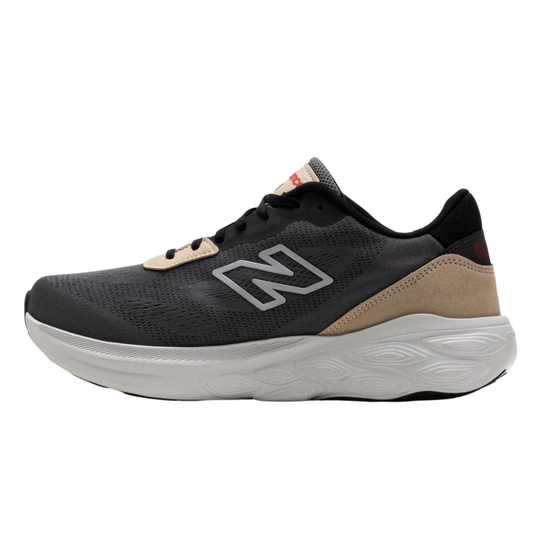 Black and beige running shoe with New Balance logo on a white background