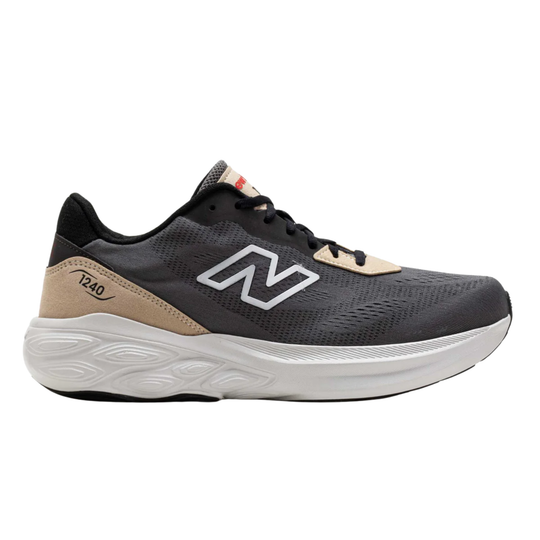 Black running shoe with beige accents on a white background