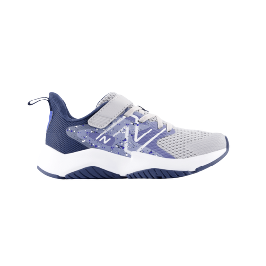 Blue and gray athletic shoe on a white background