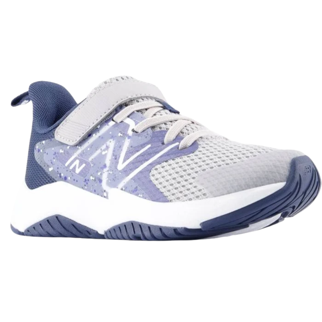 Blue and white athletic shoe on a white background