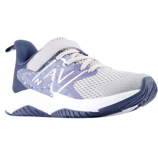 Blue and white athletic shoe on a white background