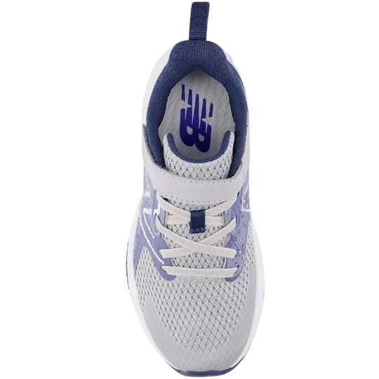 White and blue sneaker with New Balance logo on a white background