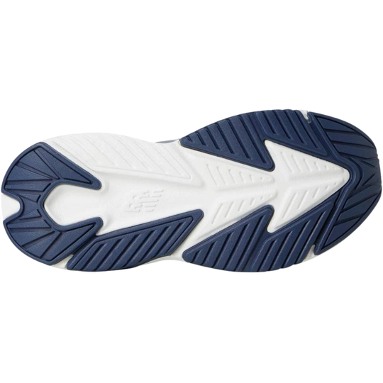 Close-up of a shoe sole with white and blue tread pattern on a white background