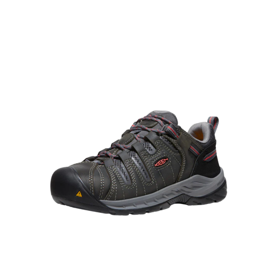 Gray hiking shoe with red accents on a white background