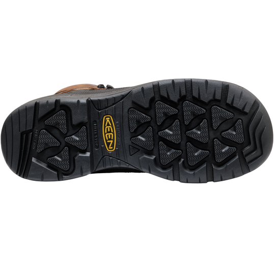 Close-up of a boot sole with a prominent brand logo on a white background