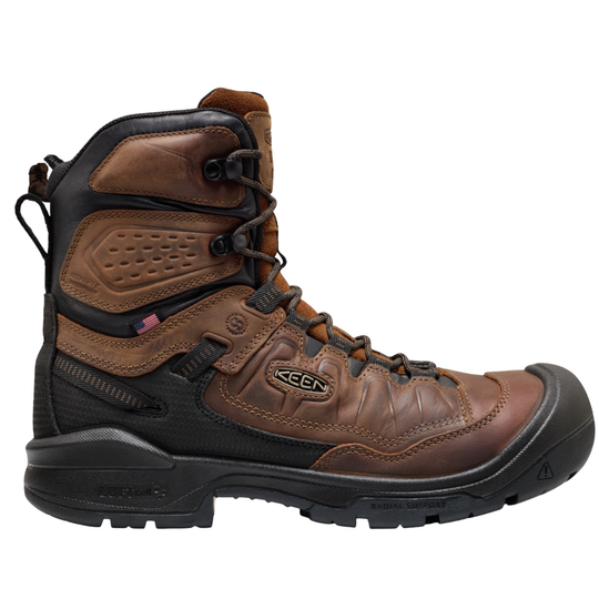 Brown work boot with black accents on a white background