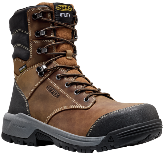 Brown and black work boot with Keen logo on a white background