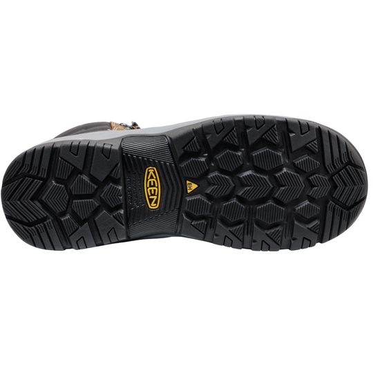Close-up of a black boot sole with a yellow Keen logo on a white background