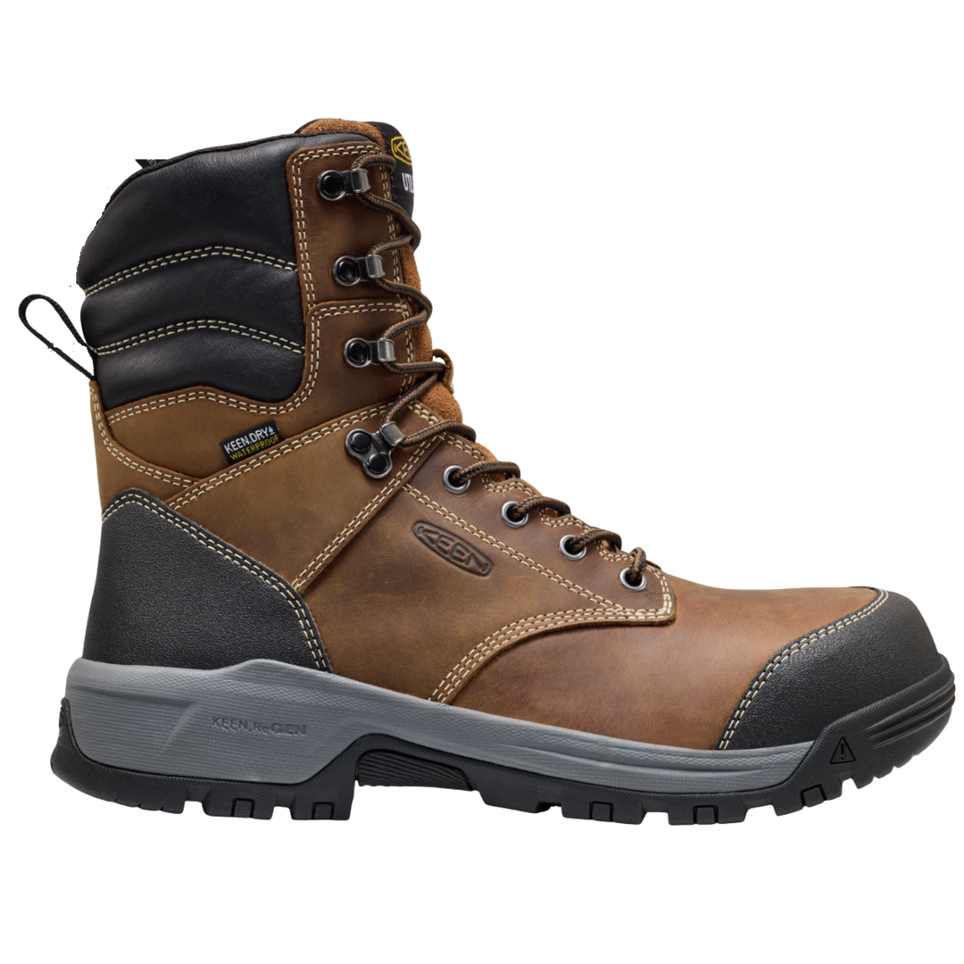 Brown and black work boot with Keen logo on a white background